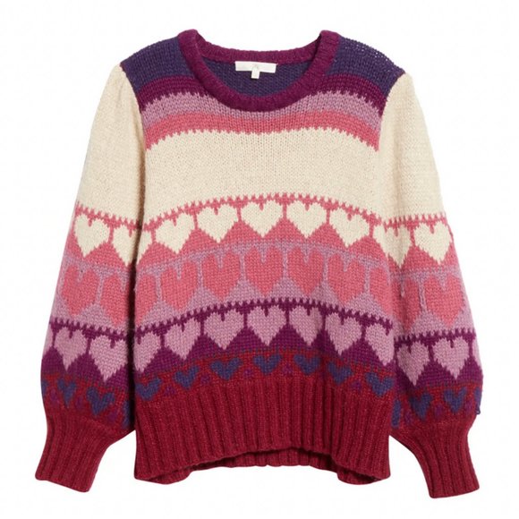 LoveShackFancy Sweaters - LoveShackFancy Prune/Multicolor Shirelle Heart Balloon-Sleeve Pullover Sweater